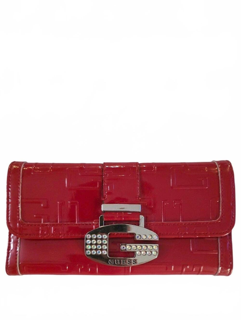 Vintage Y2K GUESS Red Patent Wallet Rhinestone G Logo Embossed Clutch